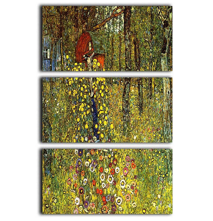 Three-panel canvas print featuring Klimt's Garden with Crucifix, showcasing intricate details and vibrant colors.